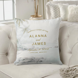 Tropical Watercolor Beach Wedding Photo Pillow
