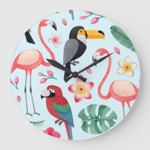 Tropical Watercolor: Bird-Flower Fusion. Large Clock