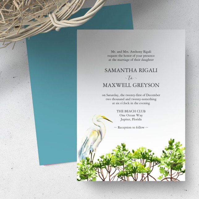 Tropical Watercolor Bird Formal Wedding Invitation (Destination wedding invitations watercolor great white heron and mangroves art Victoria Grigaliunas)
