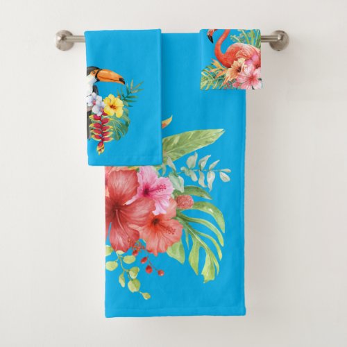 Tropical Watercolor Birds and Flowers Bath Towel Set