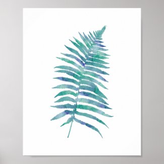 Tropical Watercolor Blue Fern Leaf Art Print