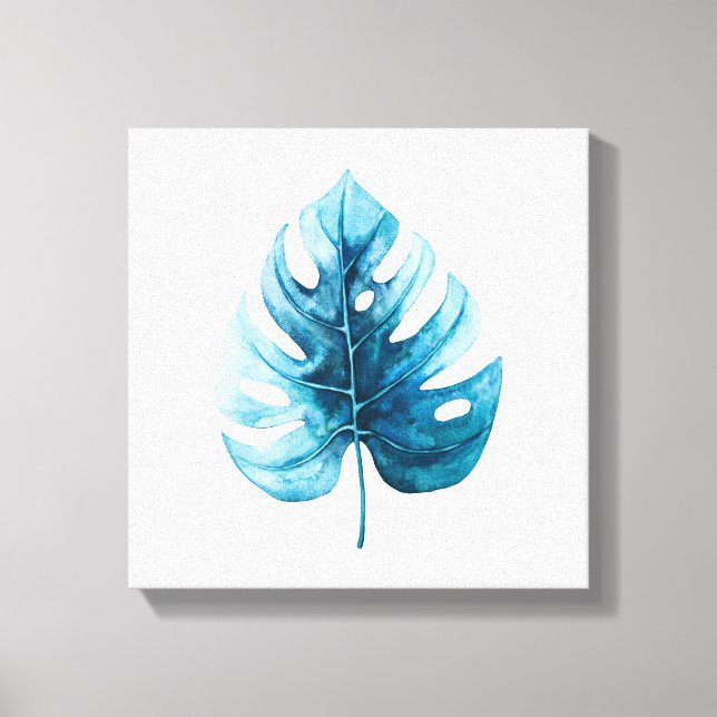 Tropical Watercolor Blue Monstera Illustration Canvas Print (Front)