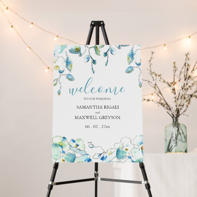 Tropical Watercolor Blue Orchids Wedding Welcome Foam Board (In Situ (Stand))