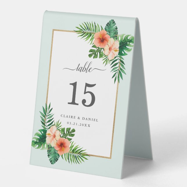 Tropical Watercolor Botanical Wedding Number Table Tent (Front)