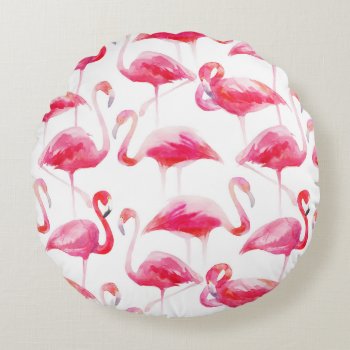 Tropical Watercolor Bright Pink Flamingo Pattern Round Pillow by KeikoPrints at Zazzle