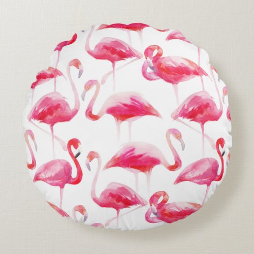 Tropical Watercolor Bright Pink Flamingo Pattern Round Pillow