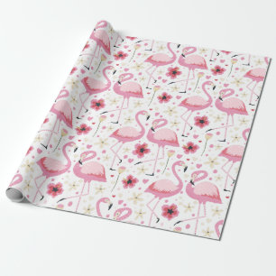 Tropical Watercolor Bright Pink Flamingo Pattern Wrapping Paper