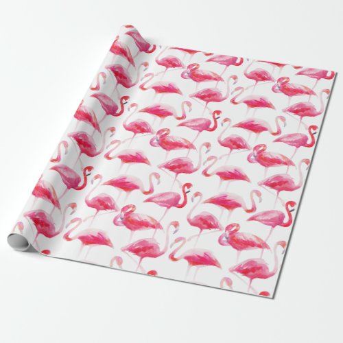 Tropical Watercolor Bright Pink Flamingo Pattern Wrapping Paper