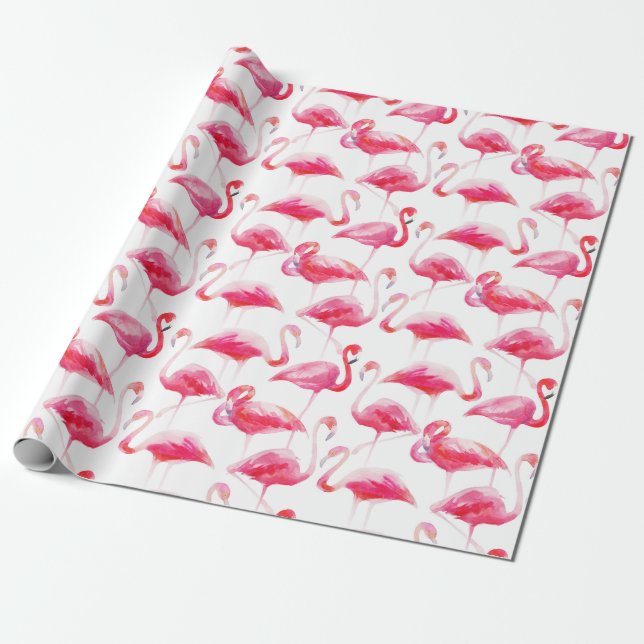 Tropical Watercolor Bright Pink Flamingo Pattern Wrapping Paper (Unrolled)