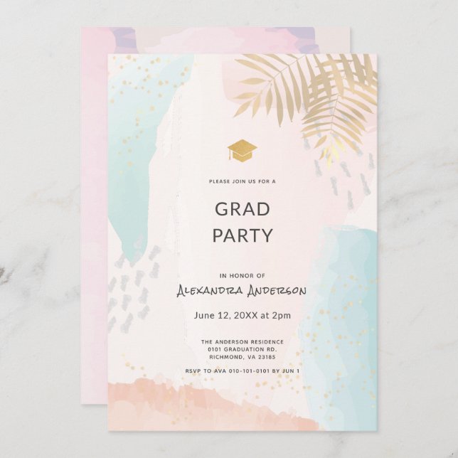 Tropical Watercolor Brush Strokes Graduation Invitation (Front/Back)