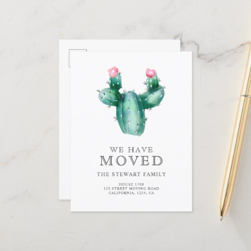 Tropical watercolor cactus pink new home moving announcement postcard
