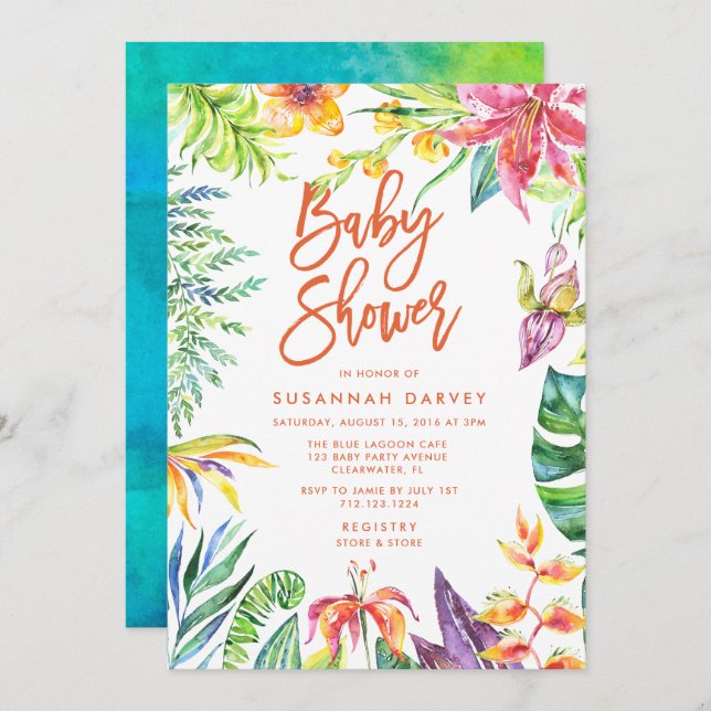 Tropical Watercolor Calligraphy Baby Shower Invitation (Front/Back)