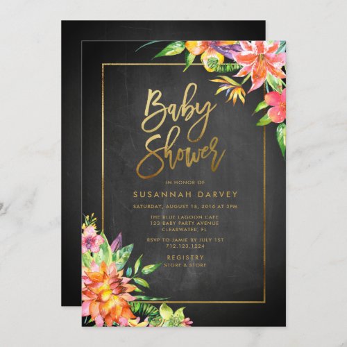 Tropical Watercolor Chalk Gold Baby Shower Invitation