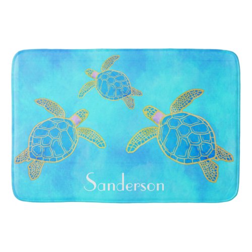 Tropical Watercolor Coastal Sea Turtle Aqua Blue   Bath Mat