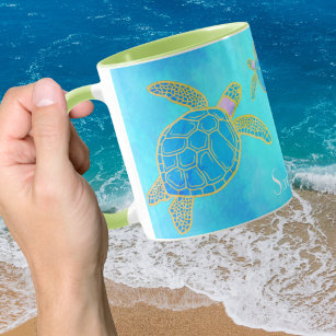 Tropical Watercolor Coastal Sea Turtle Aqua Blue  Coffee Mug