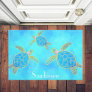 Tropical Watercolor Coastal Sea Turtle Aqua Blue  Doormat