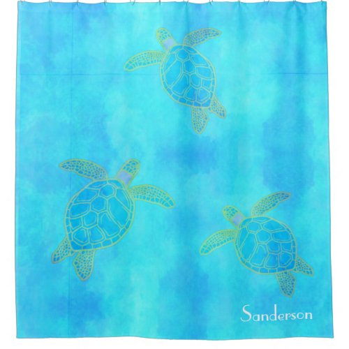 Tropical Watercolor Coastal Sea Turtle Aqua Blue   Shower Curtain