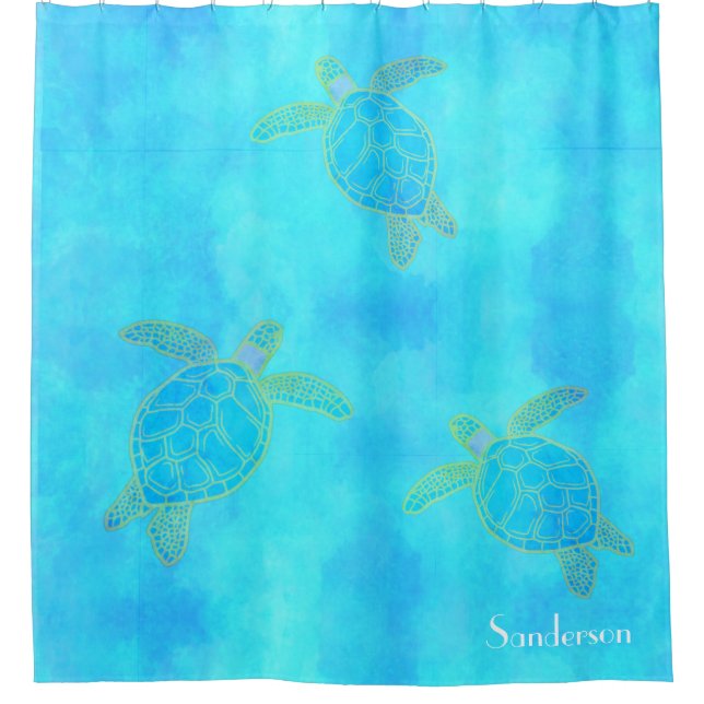 Tropical Watercolor Coastal Sea Turtle Aqua Blue   Shower Curtain (Front)