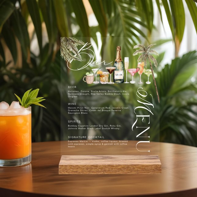 Tropical Watercolor Cocktails Wedding Bar Menu Acrylic Sign (Tropical Watercolor Cocktails Wedding Bar Menu Acrylic Sign)