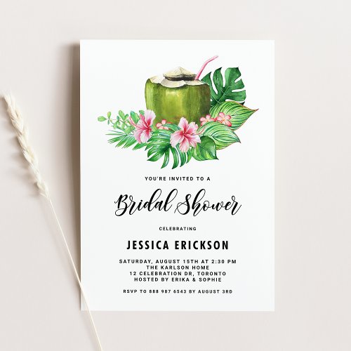 Tropical Watercolor Coconut Summer Bridal Shower Invitation