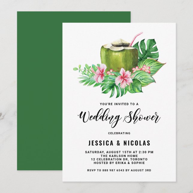 Tropical Watercolor Coconut Summer Wedding Shower Invitation (Front/Back)