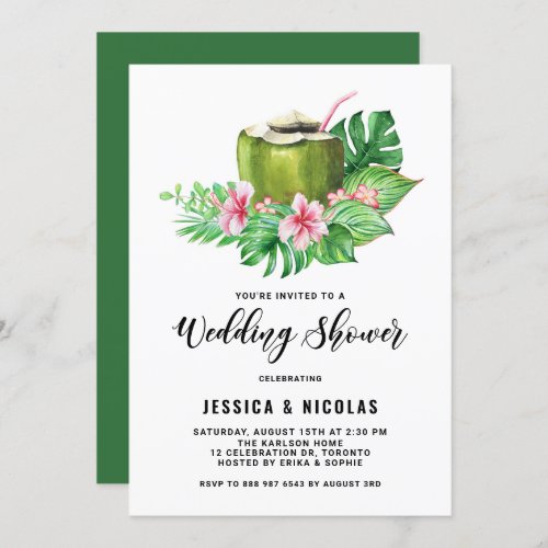 Tropical Watercolor Coconut Summer Wedding Shower Invitation