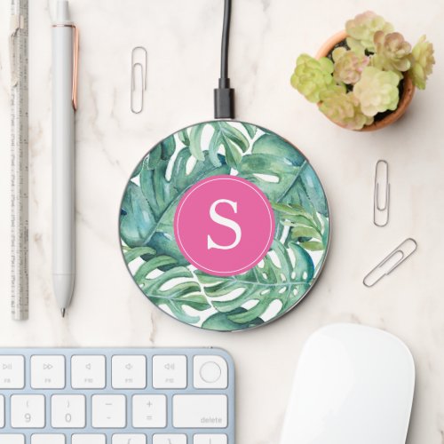 Tropical Watercolor Custom Monogrammed Wireless Charger