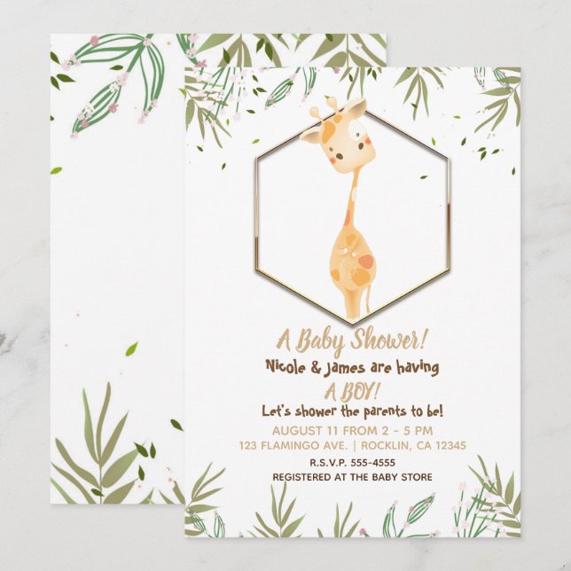 Tropical Watercolor Cute Giraffe Boys Baby Shower Invitation (Front/Back)