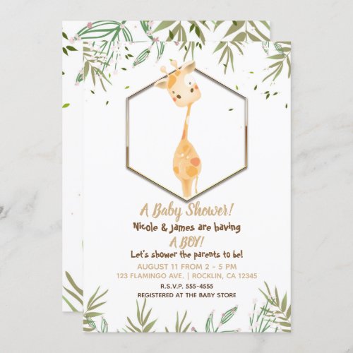 Tropical Watercolor Cute Giraffe Boys Baby Shower Invitation