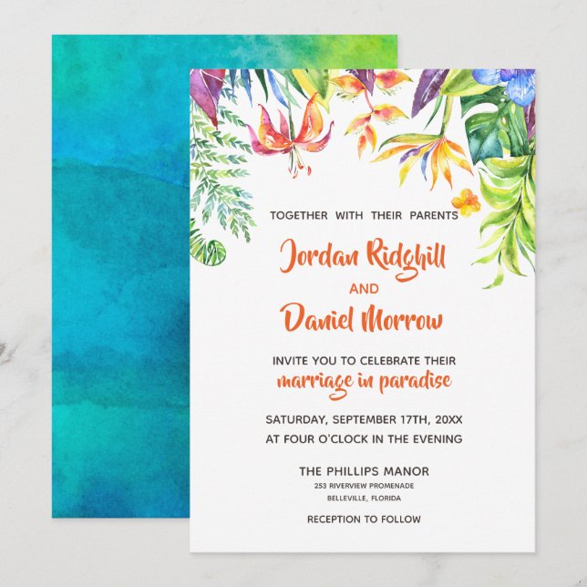 Tropical Watercolor Destination Wedding Invitation (Front/Back)