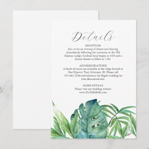 Tropical Watercolor Details Card for Wedding
