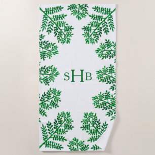 Tropical Watercolor Fern Foliage with Initials Beach Towel