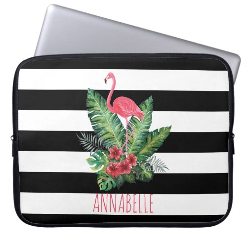 Tropical Watercolor Flamingo and flowers stripes Laptop Sleeve