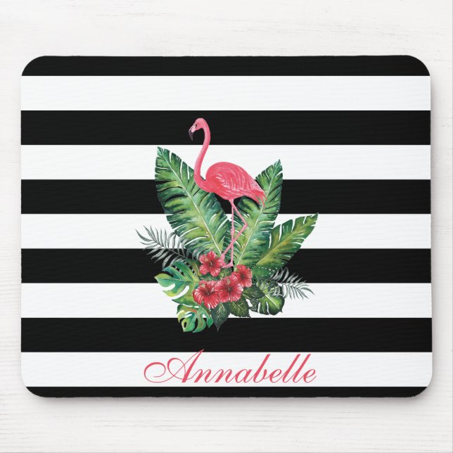 Tropical Watercolor Flamingo and flowers stripes Mouse Pad (Front)
