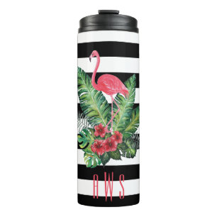 Tropical Watercolor Flamingo and flowers stripes Thermal Tumbler