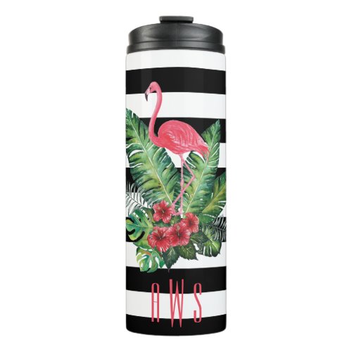 Tropical Watercolor Flamingo and flowers stripes Thermal Tumbler