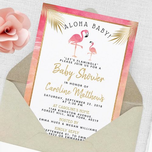 Tropical Watercolor Flamingo Baby Shower Invitation