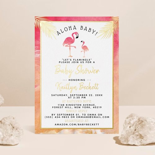 Tropical Watercolor Flamingo Baby Shower Real Foil Invitation