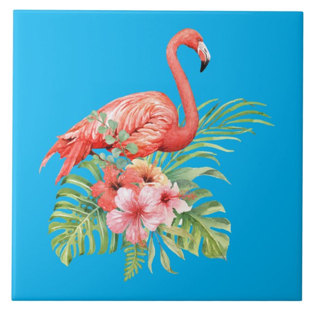 Tropical Watercolor Flamingo & Flowers Ceramic Tile (Front)