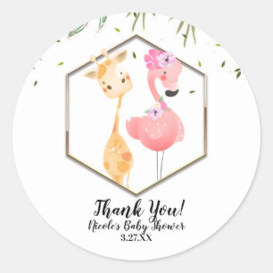 Tropical Watercolor Flamingo & Giraffe Baby Shower Classic Round Sticker