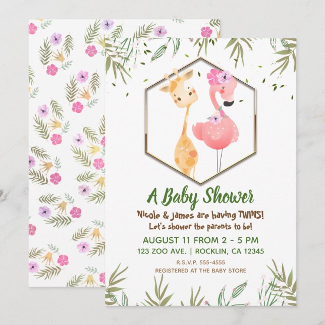 Tropical Watercolor Flamingo & Giraffe Baby Shower Invitation (Front/Back)
