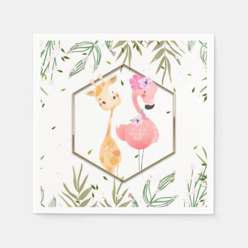 Tropical Watercolor Flamingo  Giraffe Baby Shower Napkins