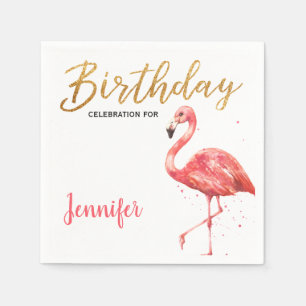 Tropical Watercolor Flamingo Glitter Birthday Napkins