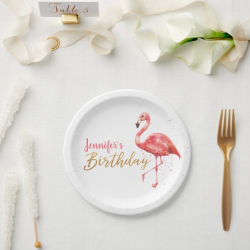 Tropical Watercolor Flamingo Gold Birthday  Paper Plates