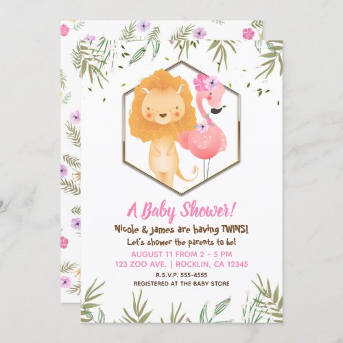 Tropical Watercolor Flamingo  Lion Baby Shower Invitation
