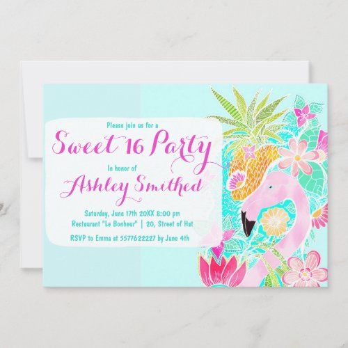 Tropical watercolor flamingo pineapple Sweet 16 Invitation