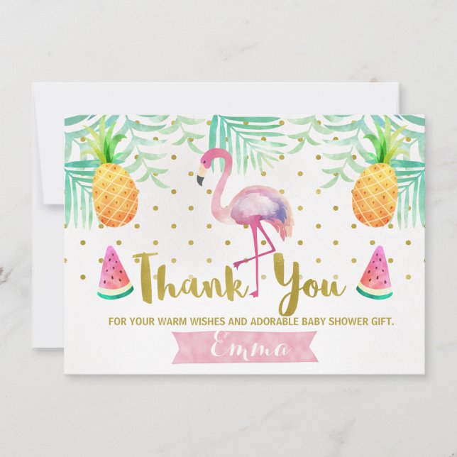 Tropical Watercolor Flamingo Thank You Card (Front)