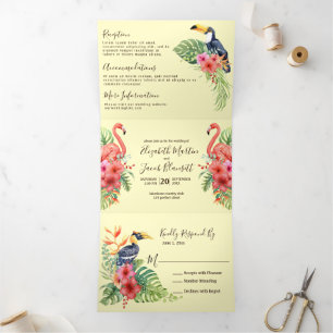 Tropical Watercolor Flamingos All in One Wedding T Tri-Fold Invitation