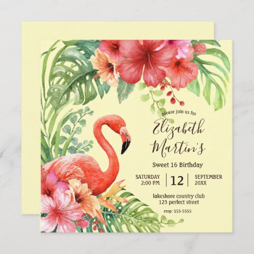 Tropical Watercolor Flamingos  Hibiscus Birthday Invitation