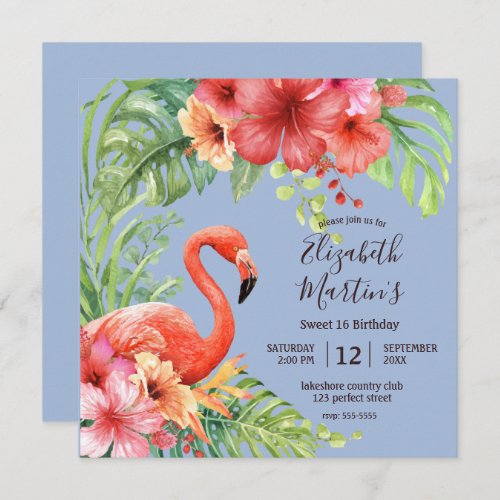 Tropical Watercolor Flamingos  Hibiscus Birthday Invitation